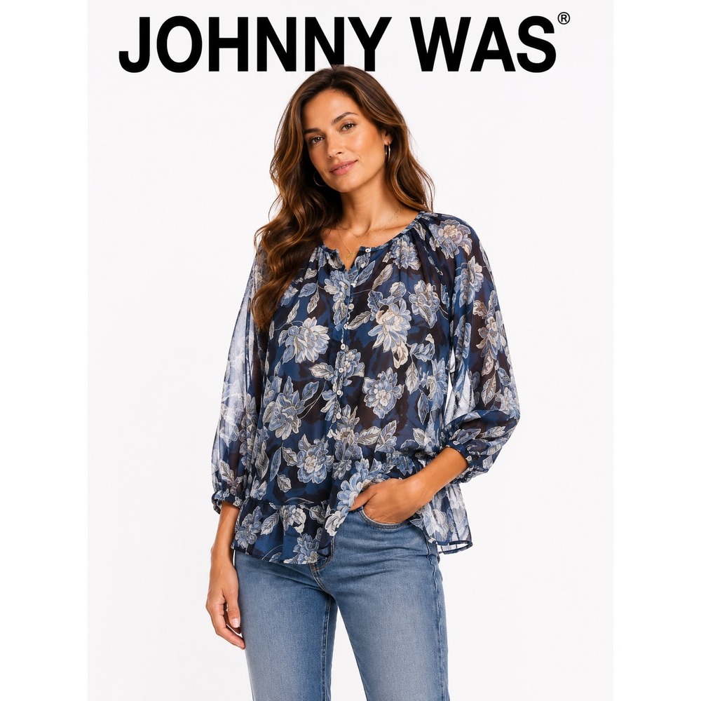 Johnny Was Blue Floral Silk Blend Blouse L14121-N XL
